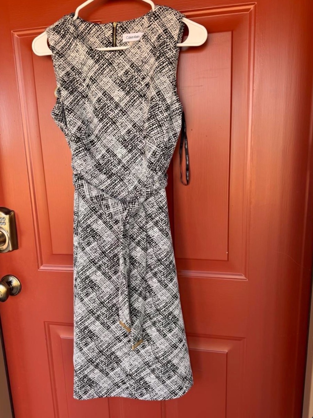 Calvin Klein Black and White Textured Belted Sleeveless Dress